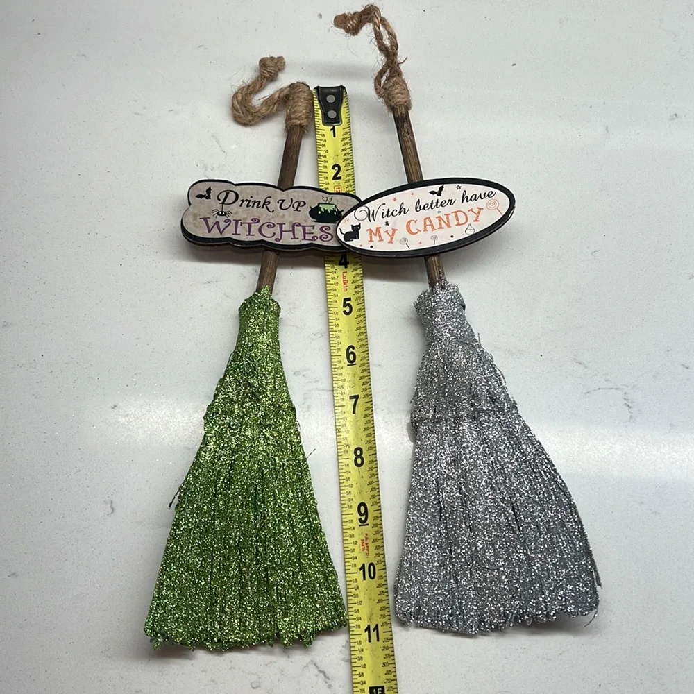 Glittery Witches Broom 11‎ inch Tabletop Halloween Decor Green and Silver